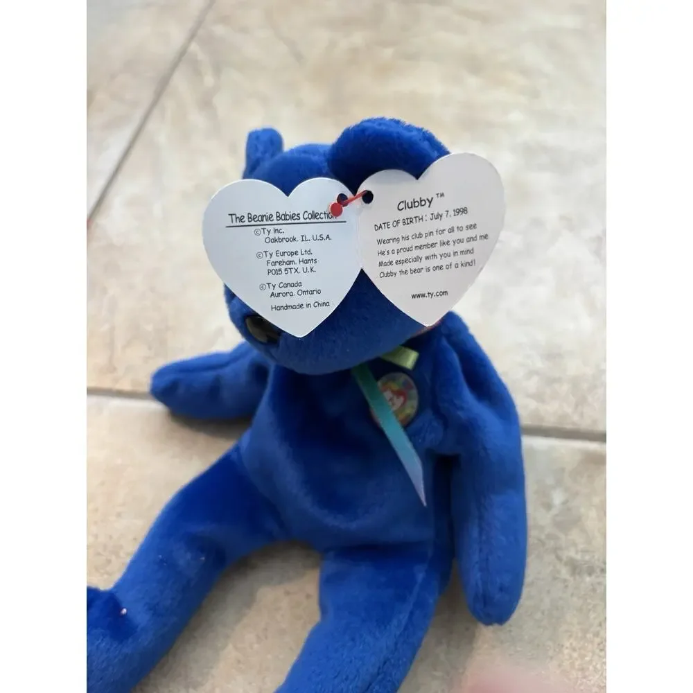 Vintage Ty Beanie Babies Blue Clubby, Official Club Bear 1998 With All Tags